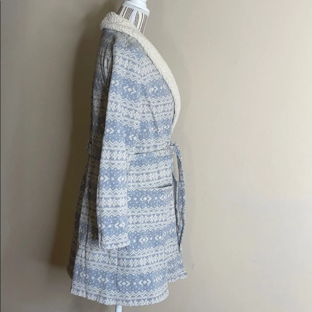 TALBOTS Snowflake Robe Sherpa Edging Wrap Belted Blue Size L